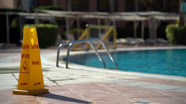 Warning sign caution wet floor on the background of the pool