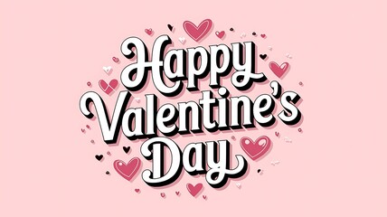 Happy valentine&rsquo;s day illustration with vintage-style typography, cherubs, heart motifs, and golden stars on a white background, perfect for romantic greeting cards, festive banners, and seasonal 