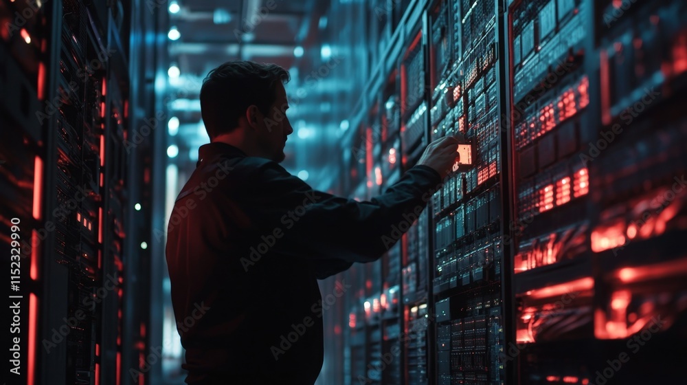 Poster data center management technology infrastructure server operations digital environment close-up view