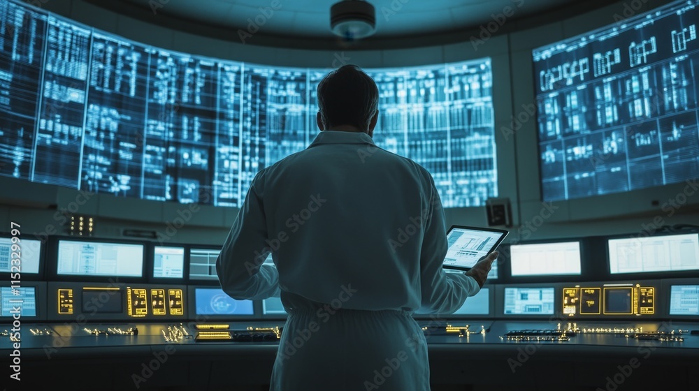 Poster control room operator analyzing data high-tech facility digital display environment futuristic viewp