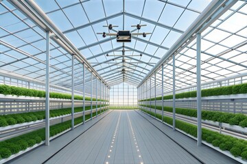 Fototapeta premium An ultra-modern smart greenhouse with AI-assisted systems; glowing hydroponic plants, automated irrigation pipes, and drone pollinators working under an advanced glass structure with solar panels