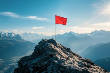 Red Flag at Summit of Rocky Peak Against Majestic Mountain Landscape and Clear Blue Sky, Symbolizing Adventure and Exploration in Nature's Splendor