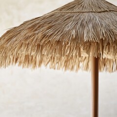 a thatch umbrella with a wooden pole stands against a neutral wall
