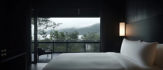 A bedroom with a large window overlooking a lake