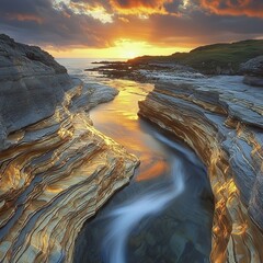 Sunset serenity a calm river flowing between mocha mousse-colored rocks coastal landscape tranquil environment scenic view