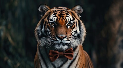 Fototapeta premium A Close-Up Portrait of a Tiger Wearing a Brown Bowtie