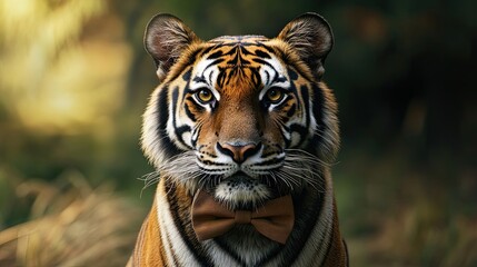 Fototapeta premium Close-up portrait of a tiger wearing a brown bowtie