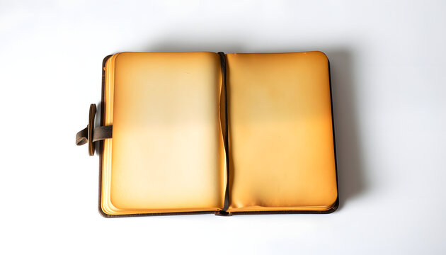 small old notebook with vintage yellow brown paper and antique seal stamp and empty first page open and isolated on white, Side lit