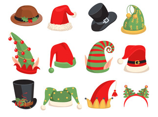 Cartoon Christmas caps. Funny Xmas photo booth headwear. Holiday party. Masquerade props. Santa headdress. Noel elves and dwarves hats. New Year costume clothing. Splendid vector set