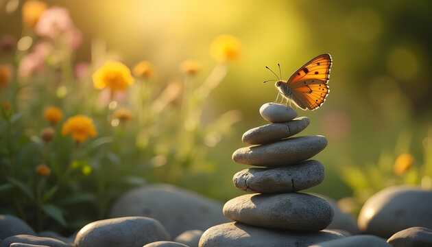 Orange butterfly perched on grey stones with flowers in sunlight, green blurred background