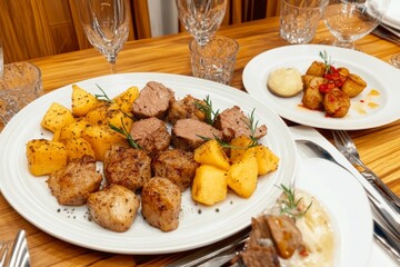 Deliciosa marka batata servida en una mesa elegante con carne y acompañamientos frescos