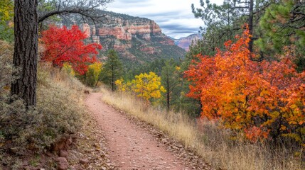 Naklejka premium Scenic Hiking Trail with Vibrant Fall Colors