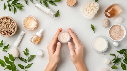Feminine Hands Arranged Overhead with Natural Beauty Products