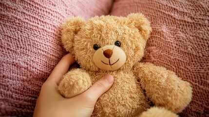 A Tender Embrace: Child's Hand Gently Holding Beloved Teddy Bear