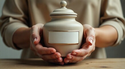 Holding a beautifully crafted funeral urn, symbolizing remembrance and the bittersweet journey of saying goodbye to a loved one