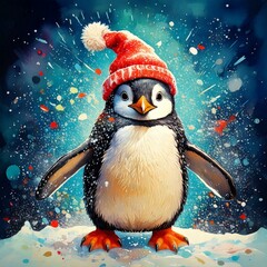 A Bubbly penguin with a Christmas hat on dancing in the snow