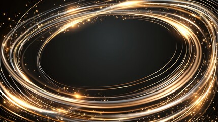 An abstract golden circle frame features glittering lights on a black background, ideal for luxury...