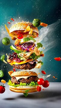 Burger ingredients exploding on a teal background, creating a visually appealing display of culinary artistry.