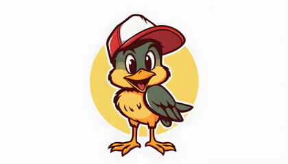 vintage cartoon bird mascot in a trucker hat, retro logo design, simple style, with white tones