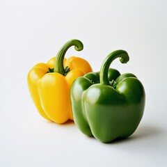 two bell peppers, one yellow and one green, on a white background