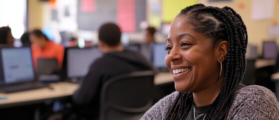 Smiling African American woman in a classroom engaged in learning.