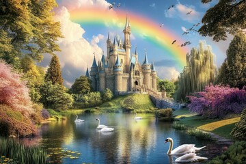 Enchanted Fairytale Castle Surrounded by Lush Trees, Colorful Flowers, a Sparkling Lake, and a Vibrant Rainbow in a Dreamy Fantasy Landscape