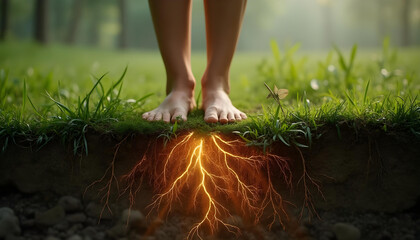 Bare feet glowing with vibrant energy, connected to roots on forest ground at sunrise. Planet Earth