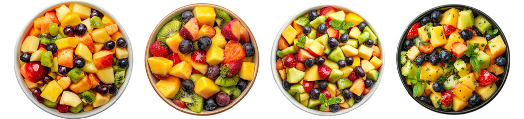 Set of bowl of fresh fruit salad top view isolated on transparent background