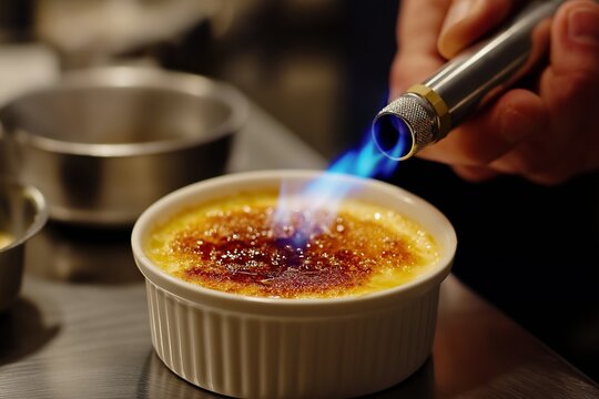 Chef Caramelizing Crème Brûlée with Culinary Torch in Kitchen