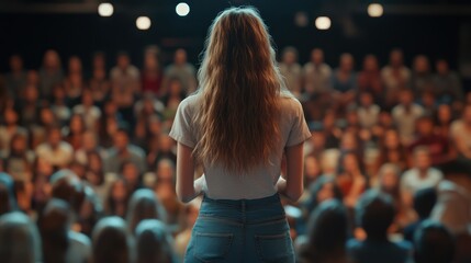 Woman speaker addressing large audience.