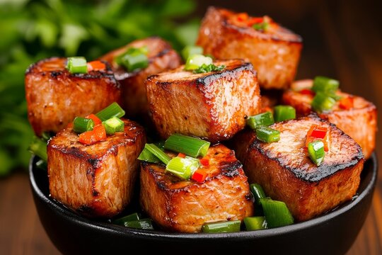 Kebda con granada y trozos de h&iacute;gado de cordero en un plato delicioso presentado con cebollino