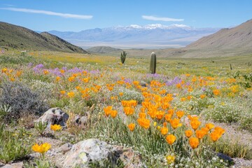Vibrant Wildflower Field in a Desert Landscape with Majestic Mountains and Clear Blue Sky, Showcasing a Colorful Array of Blossoming Flora During Spring Season