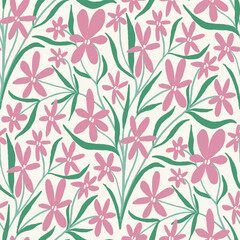 Blooming garden flowers seamless pattern in pink green on cream white background. Tender floral repeat pattern for fabric, paper, wallpaper design.