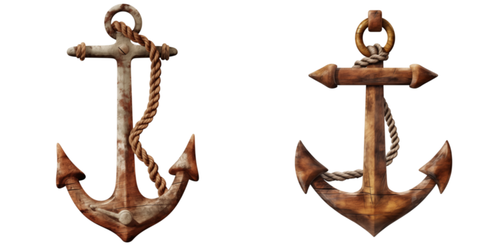  Set of a Rustic old ship anchor with rope, isolated on transparent background.