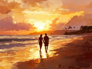 Naklejka premium a couple walks hand in hand on the beach at sunset