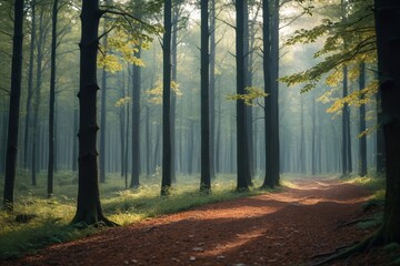 Obraz premium trees in the woods are lit by the sun and the sun is shining