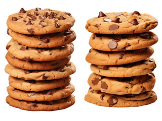  Set of a chocolate chip cookies in a stack, isolated on transparent background.