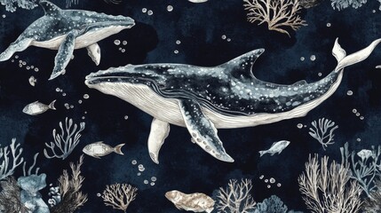 Whales swimming among coral reefs ocean depths illustration art marine environment aesthetic viewpoint nature concept
