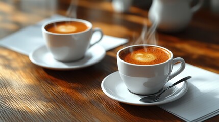 Fototapeta premium Two steaming cups of espresso with rich golden crema served on white ceramic saucers, accompanied by spoons on a rustic wooden table, exuding warmth and sophistication.