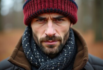 A man with a beard and a red beanie looks intensely at the camera.