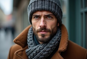 Fototapeta premium Close up portrait of a man wearing a gray beanie and scarf