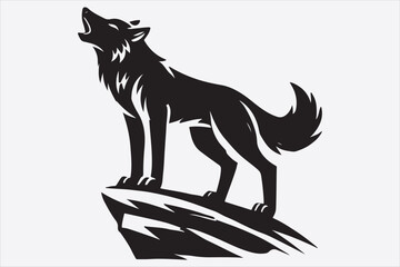 A stylized black and white silhouette of a wolf howling.