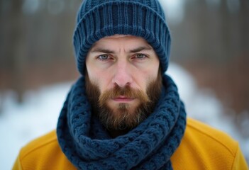 A man with a beard and blue knitted hat and scarf looks intensely at the camera.