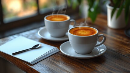 Obraz premium Two steaming cups of espresso with rich golden crema served on white ceramic saucers, accompanied by spoons on a rustic wooden table, exuding warmth and sophistication.