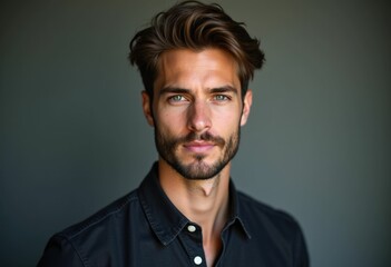 A young man with a beard and green eyes stares intently at the camera.