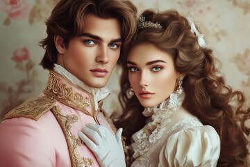 A tall man in a pink suit stands next to a woman with blue eyes and curly brown hair