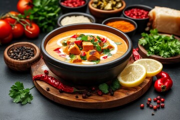 Un cuenco de Chorba Beida con pollo y especias, acompañada de ingredientes frescos y coloridos en una mesa de cocina