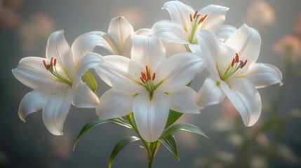 Fototapeta premium Close-up of four pristine white lilies, illuminated, showcasing their delicate petals and vibrant stamens against a soft-focus background.