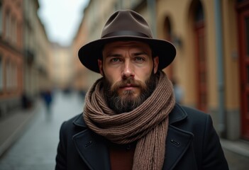 A bearded man in a hat and scarf looks directly at the camera.
