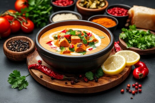 Un cuenco de Chorba Beida con pollo y especias, acompa&ntilde;ada de ingredientes frescos y coloridos en una mesa de cocina